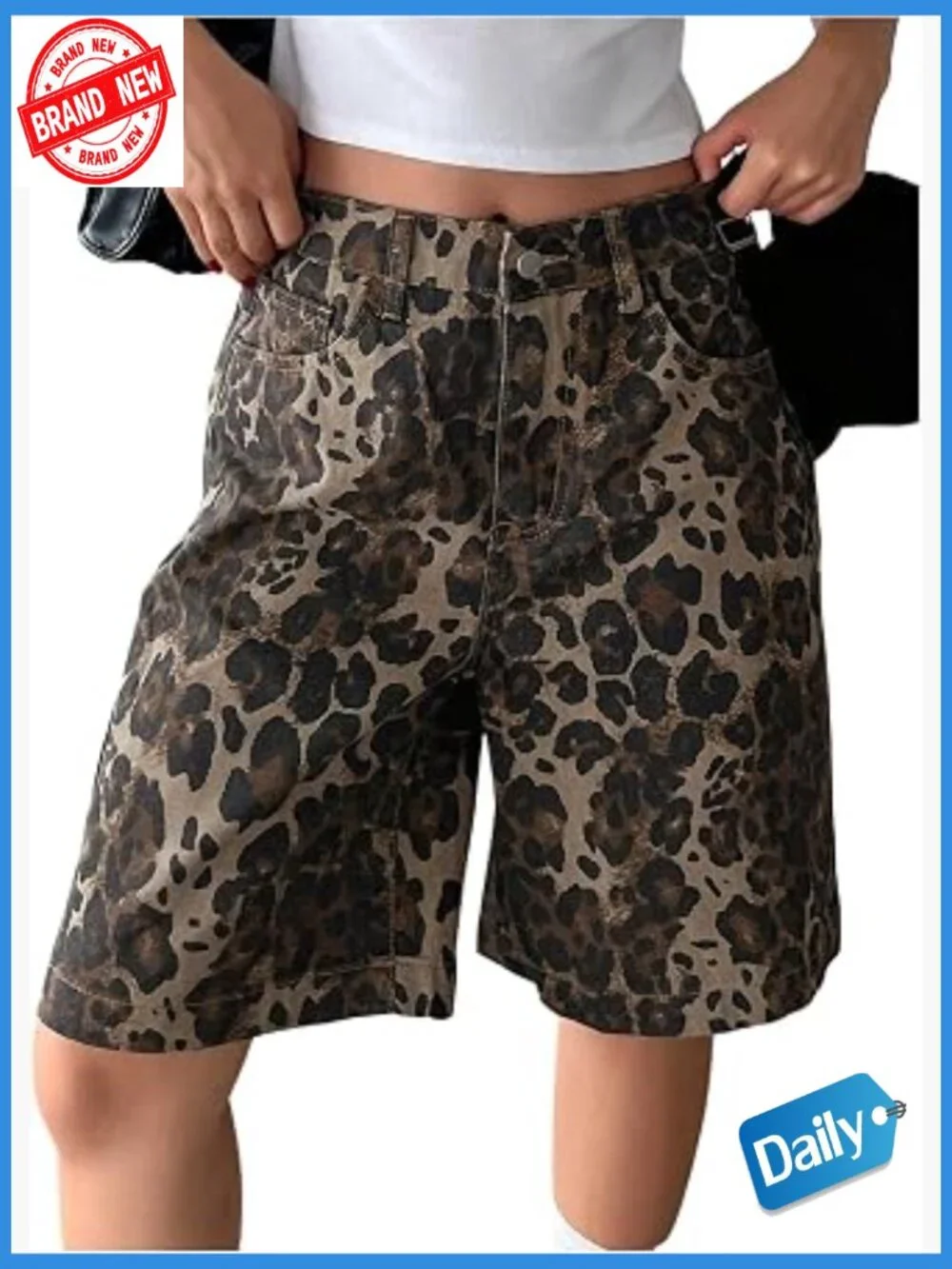 High Waisted Leopard Print Denim Bermuda Shorts Wide Leg Baggy Cargo